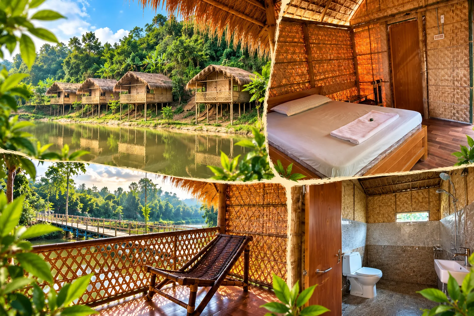 Collage of lakeside bamboo cottages, a bedroom, a balcony and a bathroom