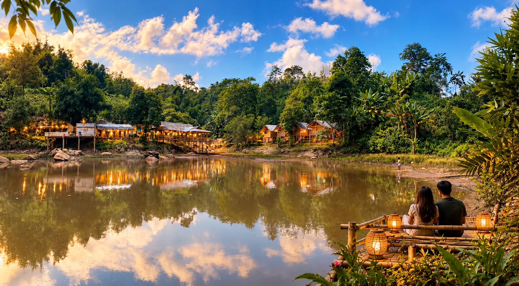 Lakeside bamboo cottages at sunset, with guests enjoying the view at Mridu Jungle Camp