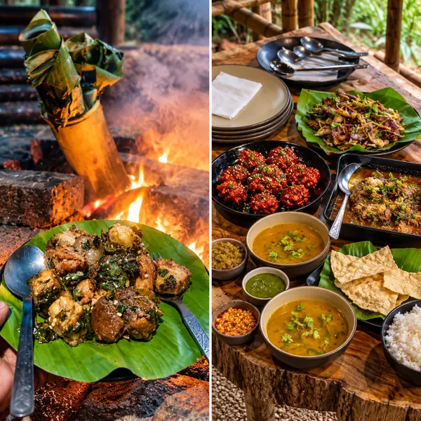 Bamboo fire-cooking and dishes served on banana leaves