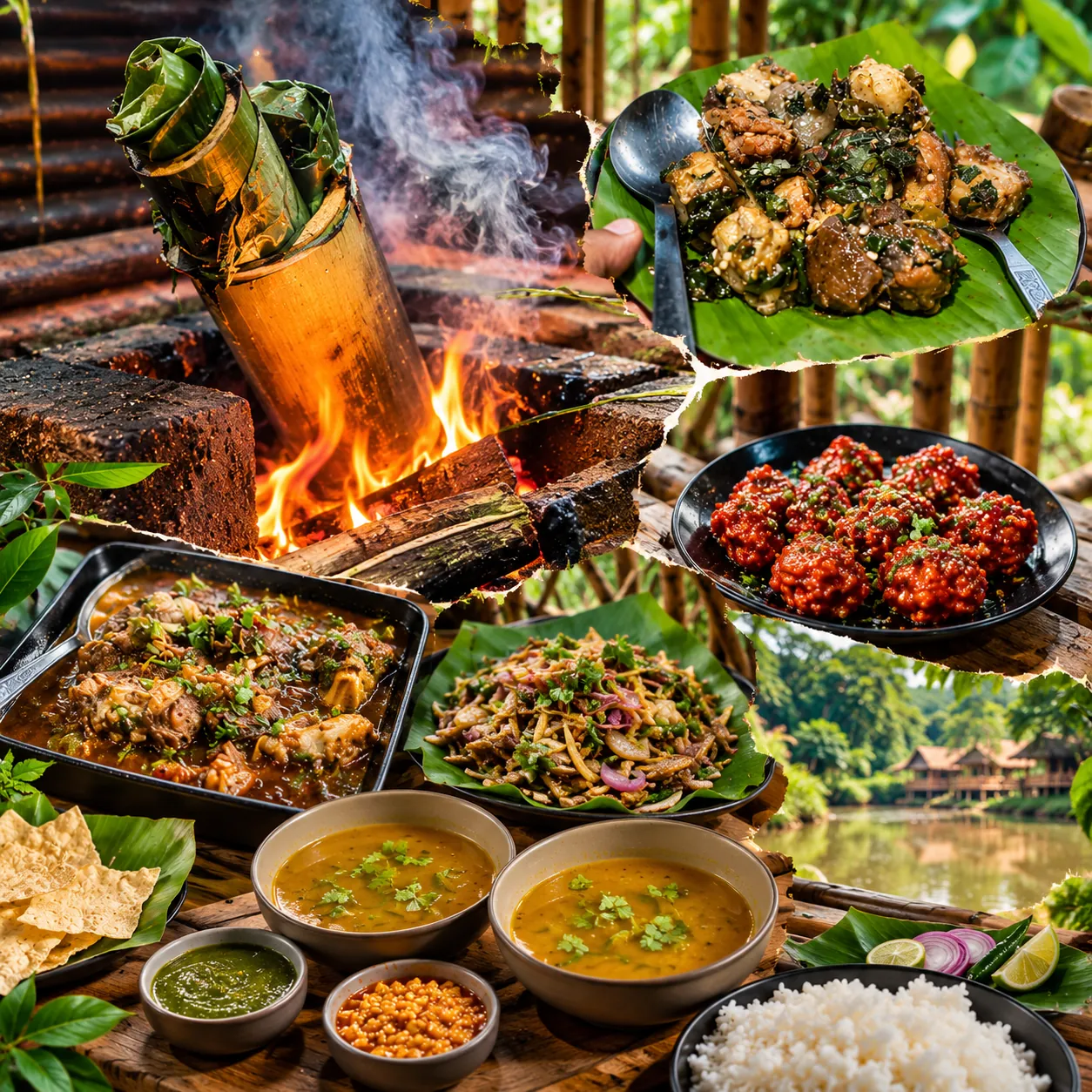 Collage of bamboo cooking over a fire and local dishes served on banana leaves
