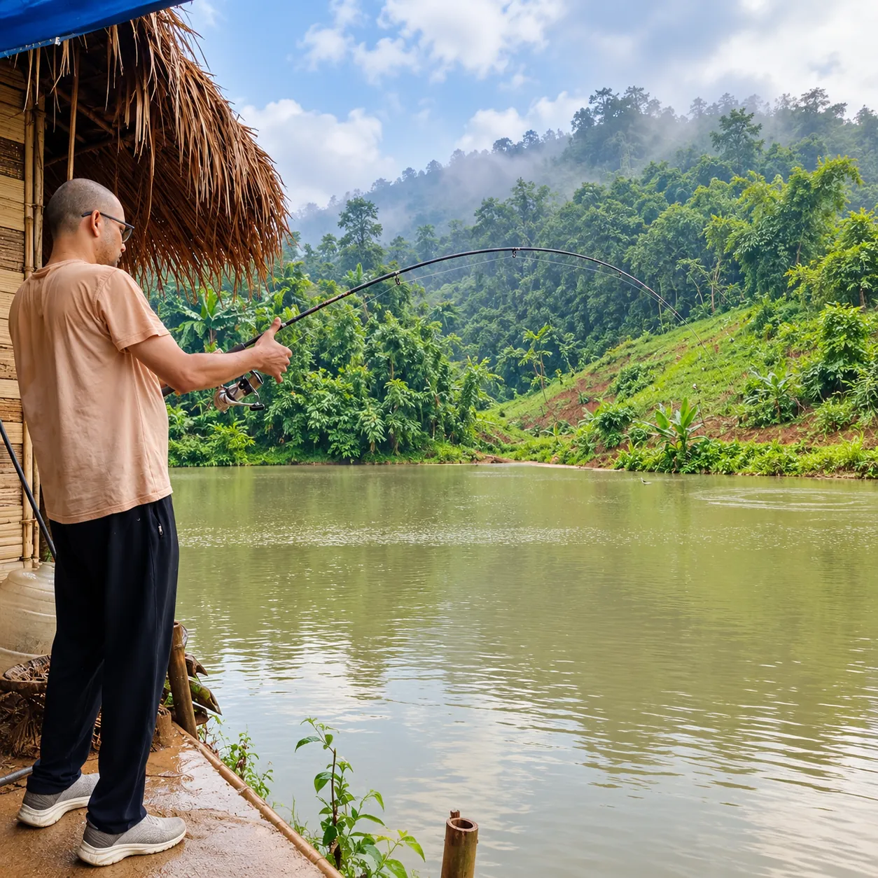 Fishing beside the bamboo shelter with forest hills across the pond