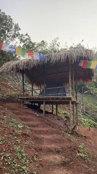 A tent beneath a thatched bamboo shelter