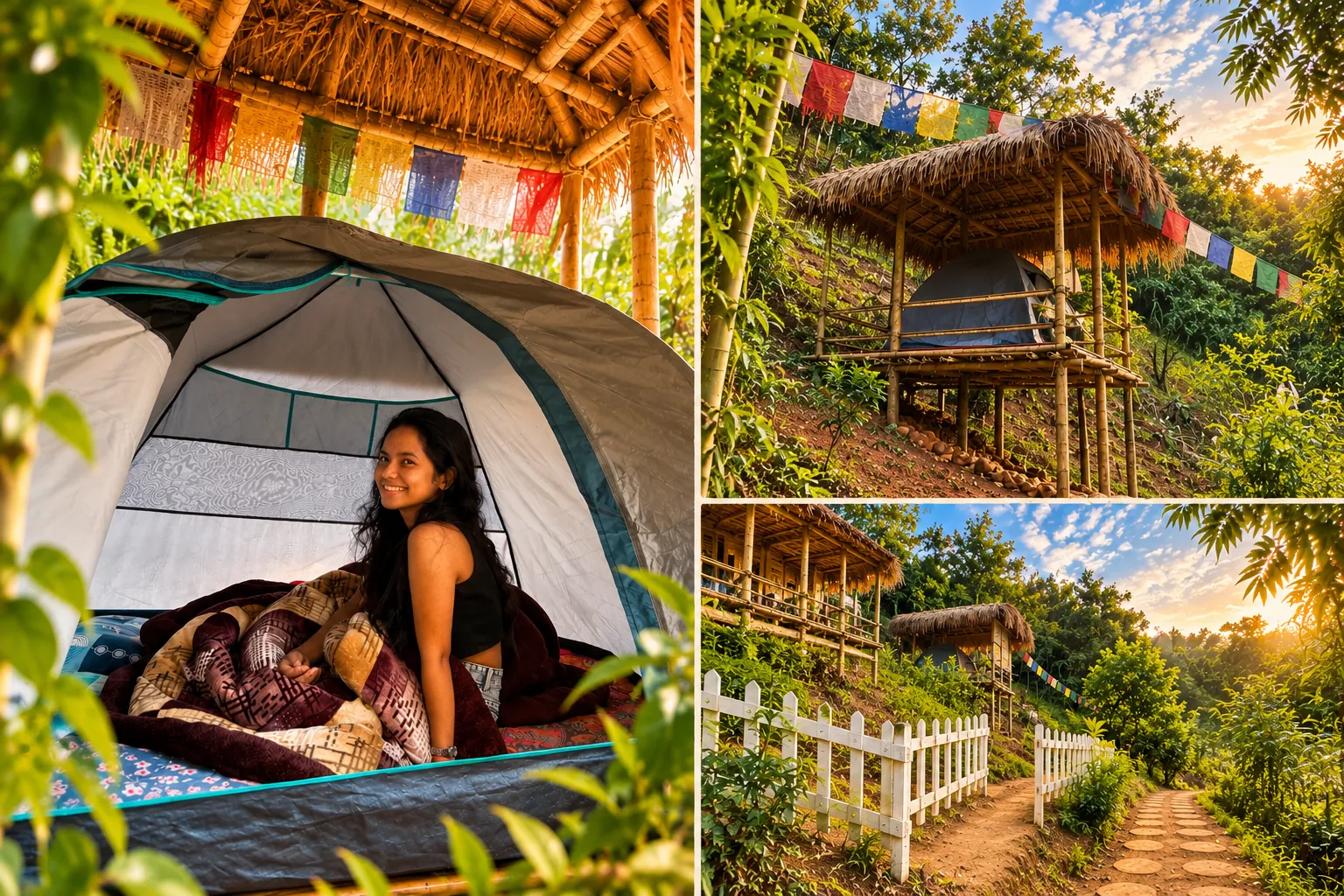 Nature camping tents and bamboo shelters collage